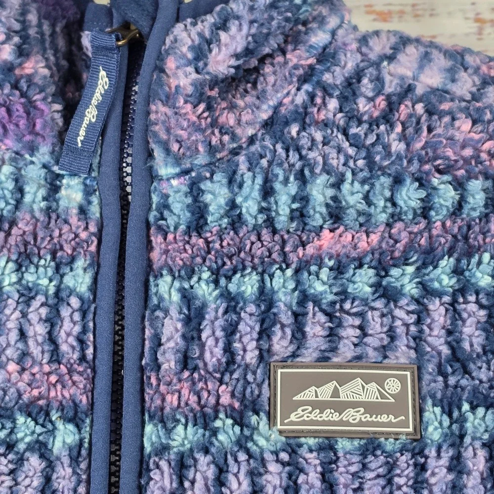 Eddie Bauer Fleece Hoodie Kids XS 5/6 Blue Purple Good Sherpa Full Zip Jacket